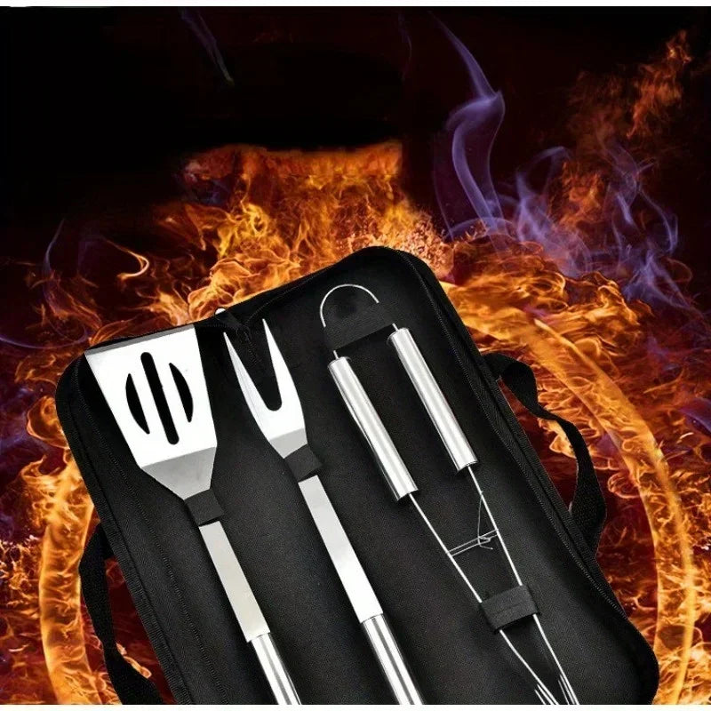 Stainless Steel Camping Barbecue Tool Set Portable Outdoor BBQ Utensils with Carry Bag Kitchen Forks Clips Shovels Grilling Kit