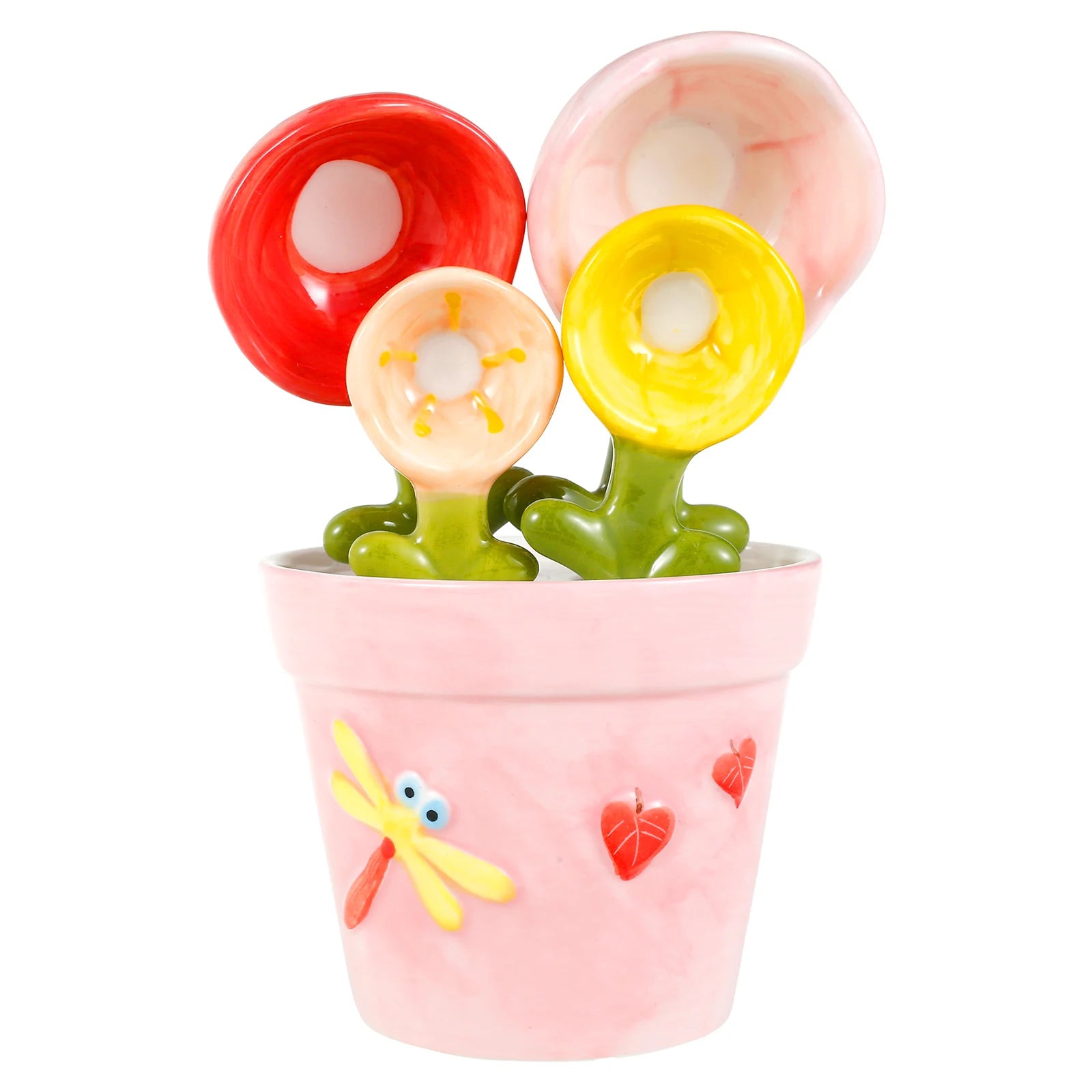 4Pcs Porcelain Measuring Spoons Set with Base Cute Cactus Shape Stirring Soup Spoon Ceramic Flower Pot Measuring Spoon