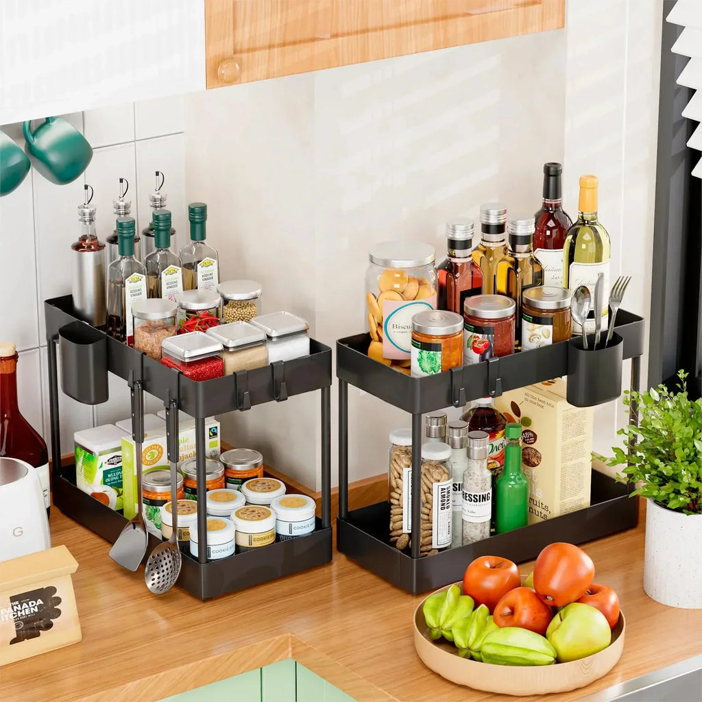 2 Tier Under Sink Sliding Cabinet Basket Organizer Storage Rack with Hooks Hanging Cup Bathroom Multifunctional Storage Rack