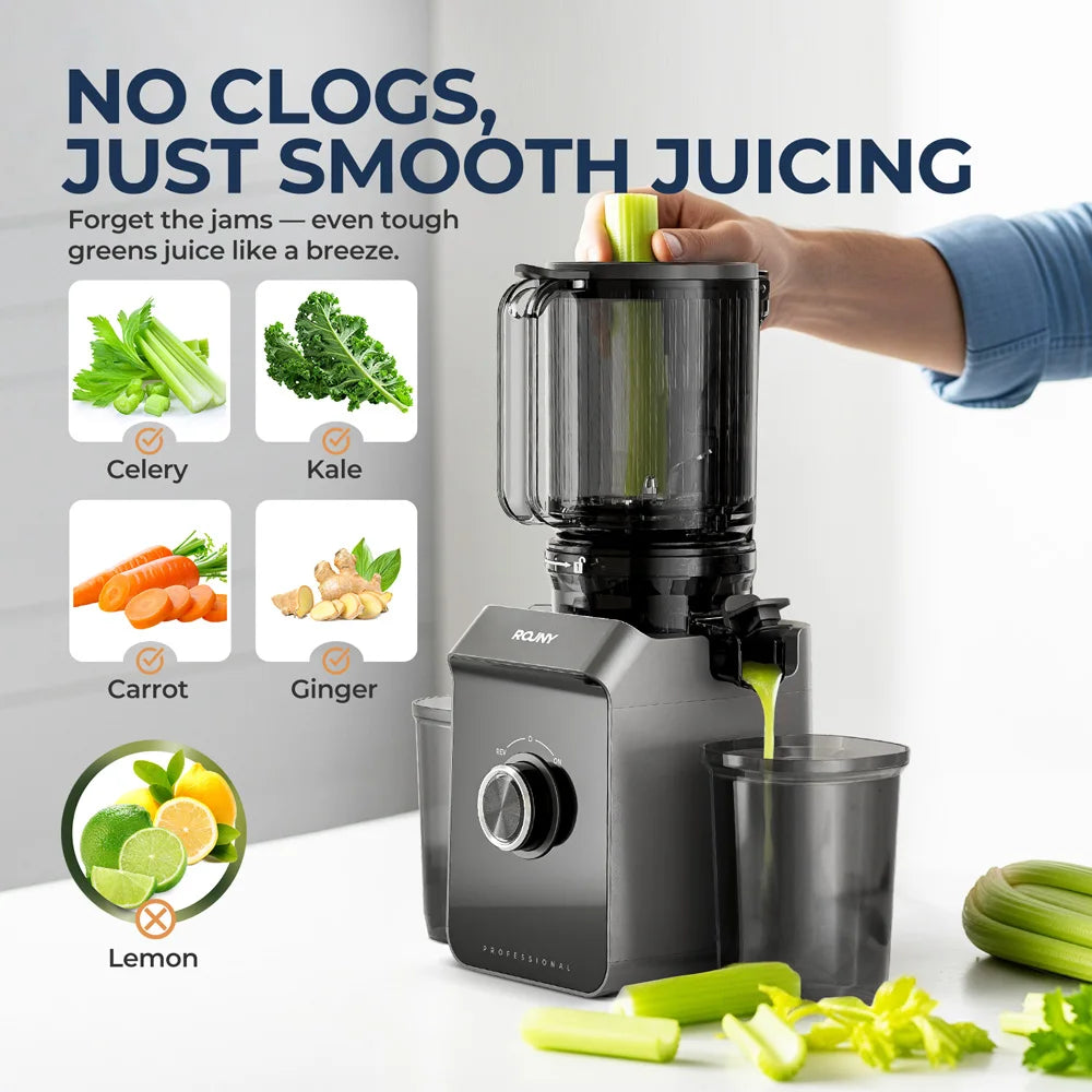 ROUNY Slow Juicer, Cold Press Extractor with Filter-Free, Easy Clean Electric Fruit Juicer Machine with Large Caliber,  Black