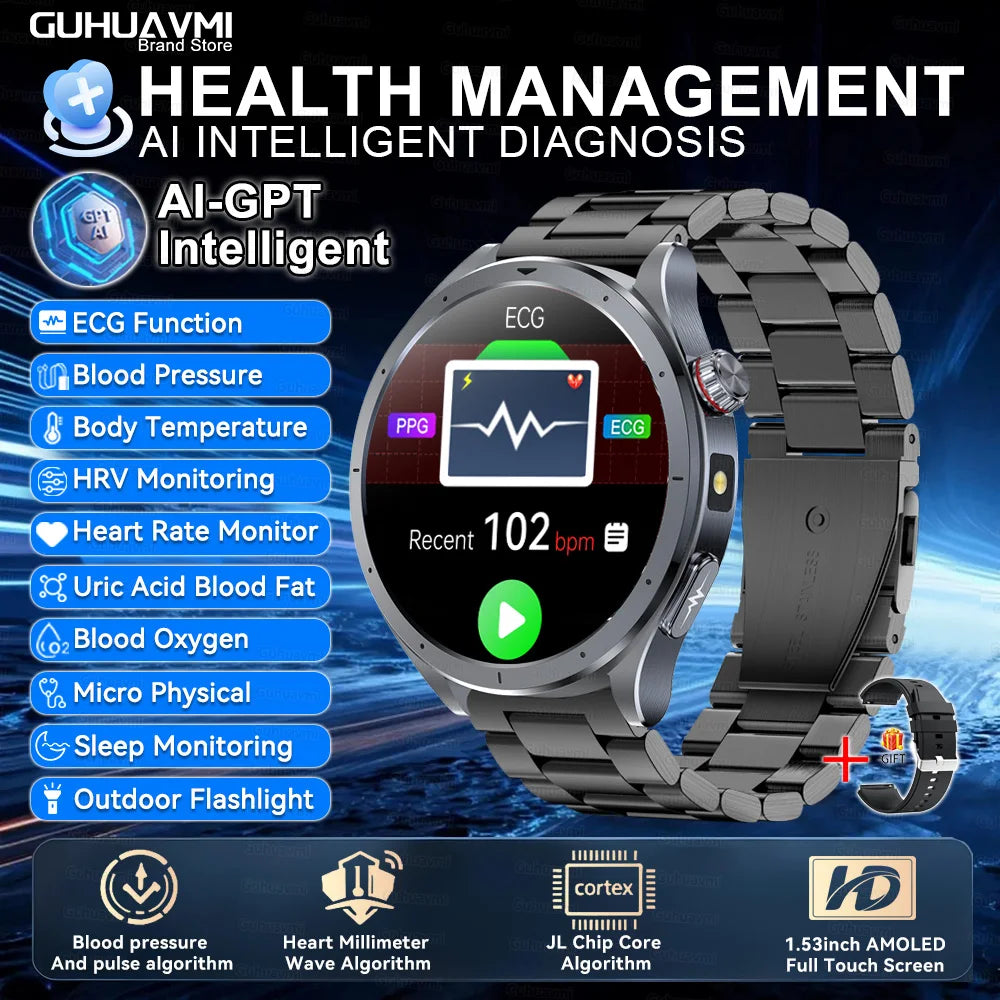 2026 New Body Fat Analysis Health Smart Watch ECG+PPG Uric Acid Blood Pressure Blood Oxygen Clock Call Smart Watch For Men Women