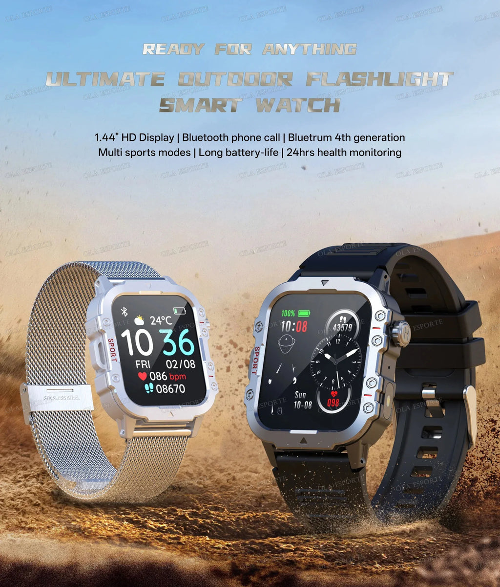 New Military Smart Watch Men Health Monitor 5ATM Waterproof Outdoor Sport Tracker BT Voice Call LED Flashlight Smartwatch HW12