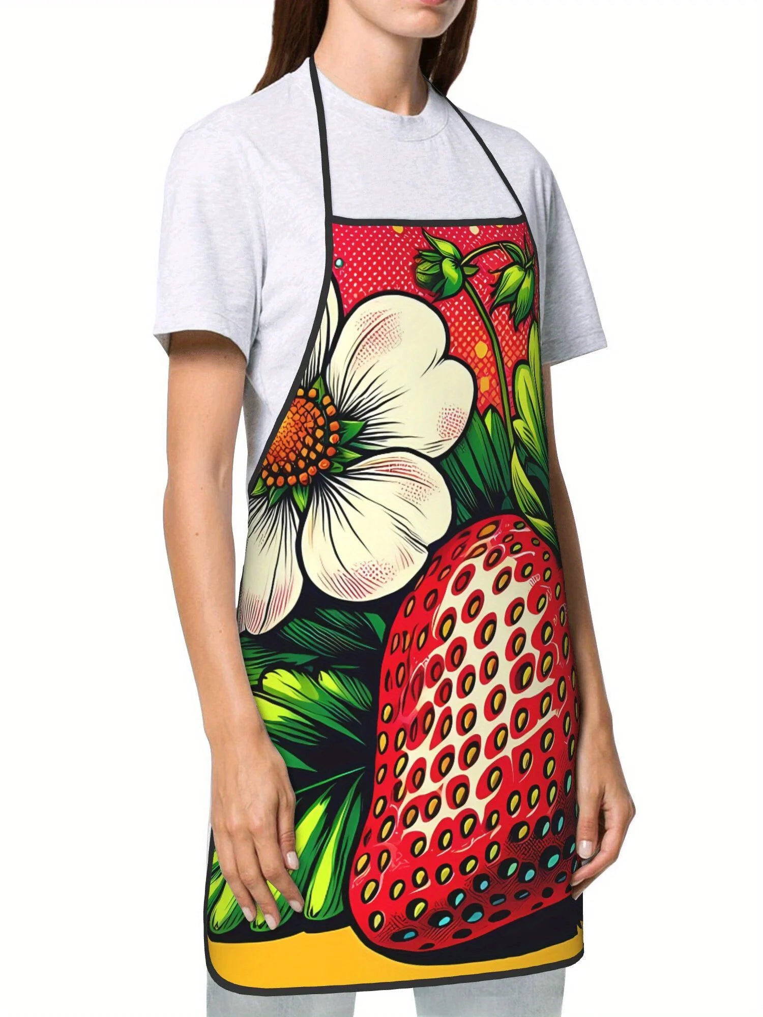 Strawberry Pop Art Apron Bold Color Fruit Kitchen Cooking Baking Gift For Women Summer Chef Wear Graphic Illustration Design