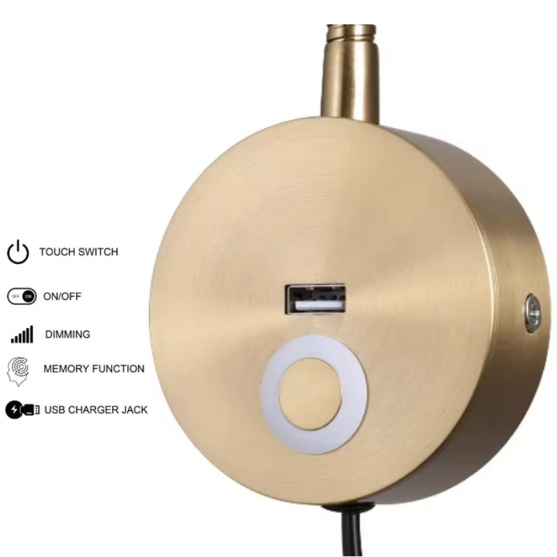 Tokili LED Golden Wall Lamp w/ USB Charger & Touch Dimmer - Bendable Gooseneck Bed Headboard Spotlight Sconce for Reading Lights