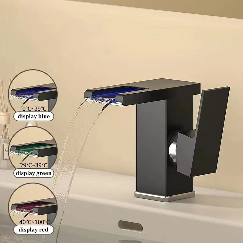 Basin Waterfall Style All-copper LED Light Luminous Faucet Bathroom Above Counter Basin Household Hot and Cold Water Faucet