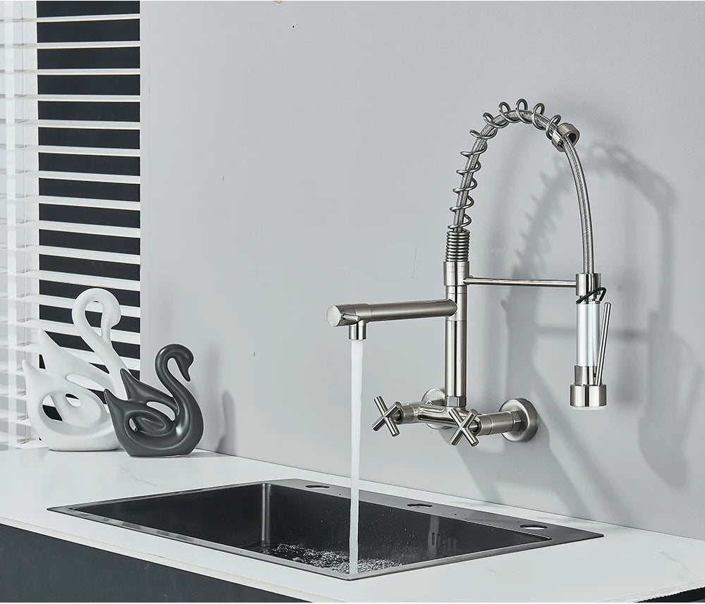 Gold Black Kitchen Faucet Wall Mount Pull Down Tap Vessel Sink Hot Cold Water Mixer Tap Spring Dual Swivel Spouts Sink Crane