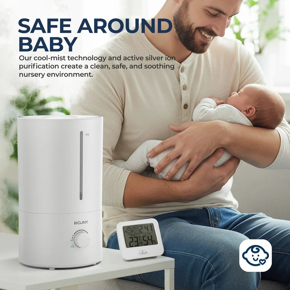 ROUNY Air Humidifier, 4L Large Capacity Ultrasonic Humidifier with Low Water Protection, 360° & Quiet & BPA-Free, White