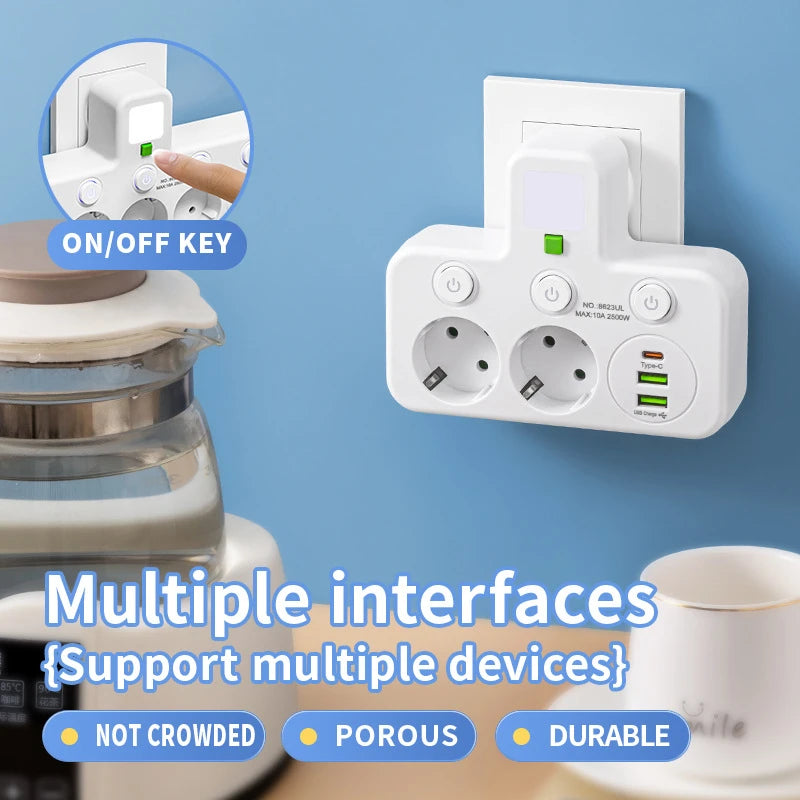 EU Plug Outlet 4 Sockets Multitap Wall Power Strip Electrical Socket 2 USB 1 Type-C Ports No Extension Cord with 2500W MAX Power