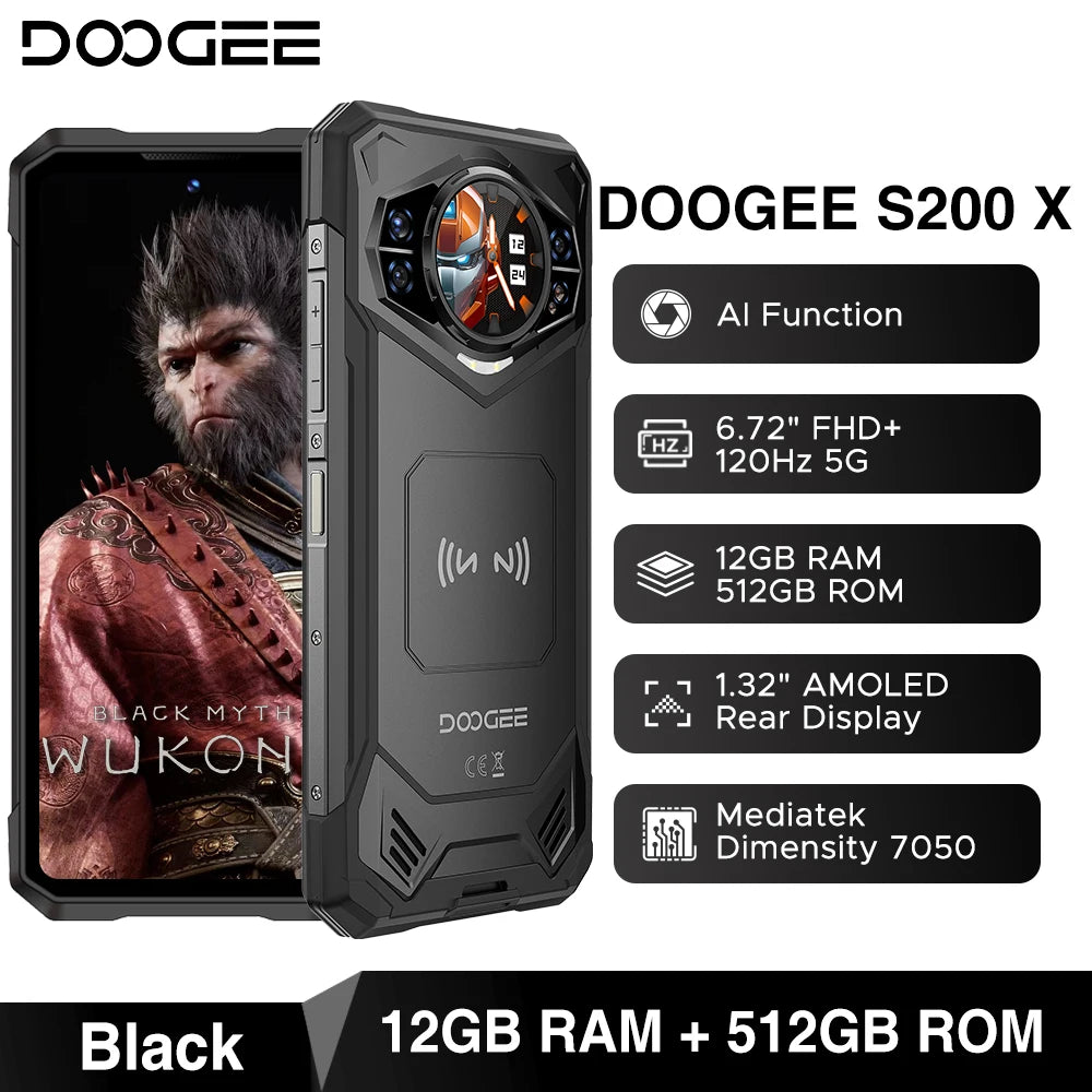 DOOGEE S200 X 5G Rugged Phone 6.72" 120Hz Dimensity 7050 12GB+512GB AI Triple Camera 10100mAh Battery NFC 5g Smartphone