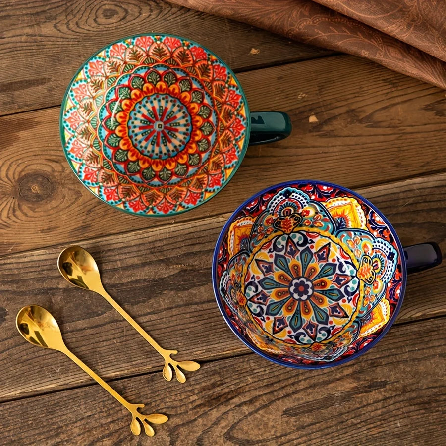 1pc 450ml/15oz Bohemian Ceramic Coffee Mug, Boho Style Underglaze Ceramic Breakfast Cup Multicolor Porcelain Cup for Matcha Latt