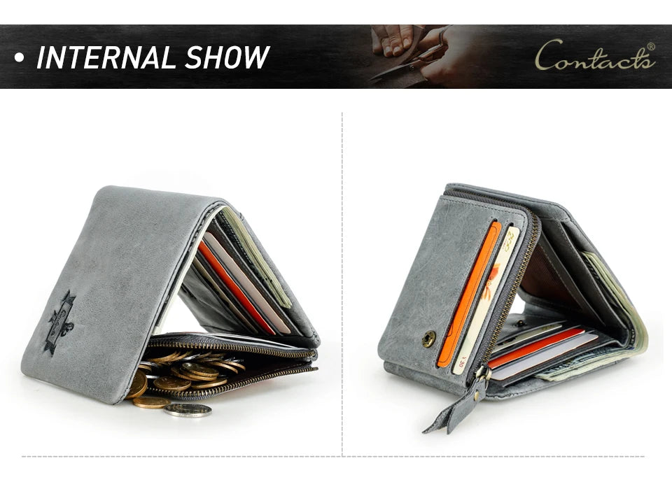 CONTACT'S Genuine Crazy Horse Leather Men Wallets Vintage Trifold Wallet Zip Coin Pocket Purse Cowhide Leather Wallet For Mens