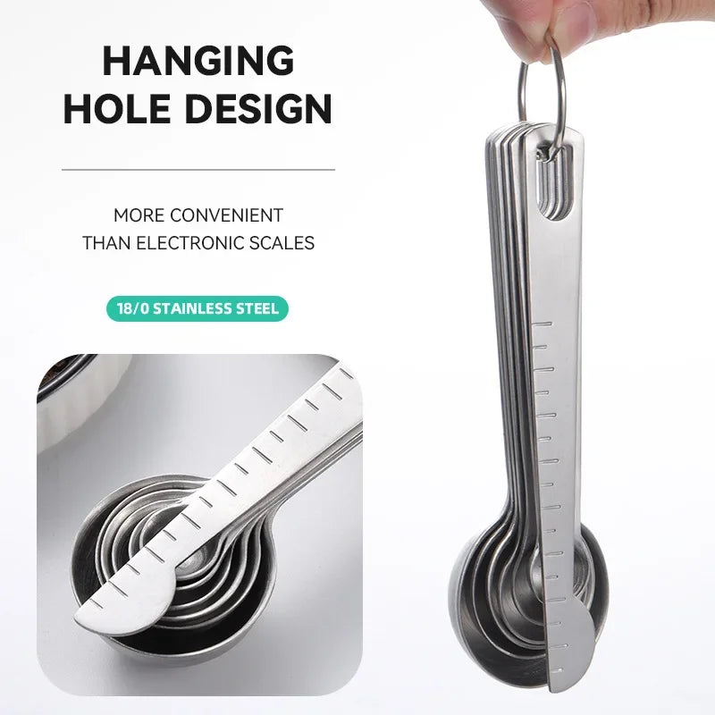 Stainless Steel Measuring Spoon 4/6/7/8 Pcs Set with Scale Measuring Ruler Spoons Coffee Baking Measuring Kitchen Tool Set