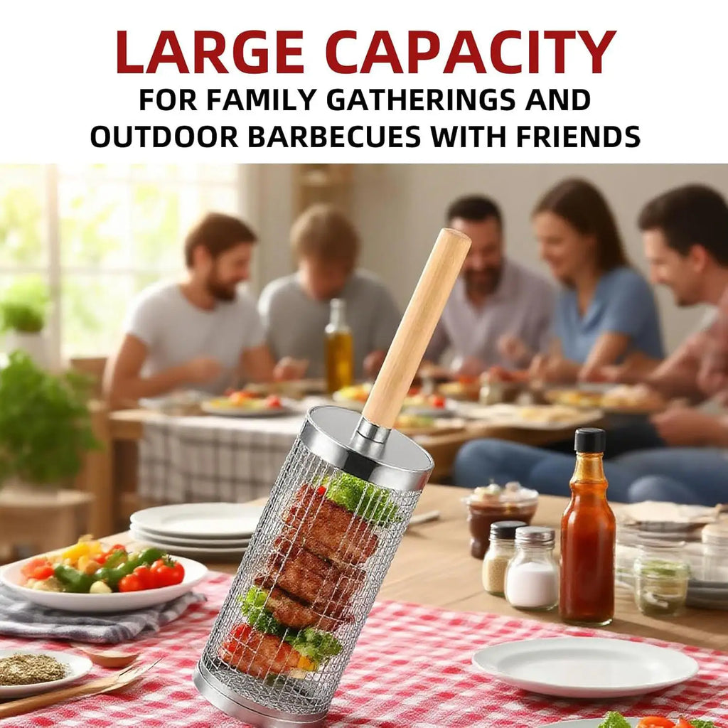 Round Barbecue Grill Basket Set, Stainless Steel Rolling BBQ Cage, Wire Mesh Cylinder Grilling Rack, Outdoor Camping Essential