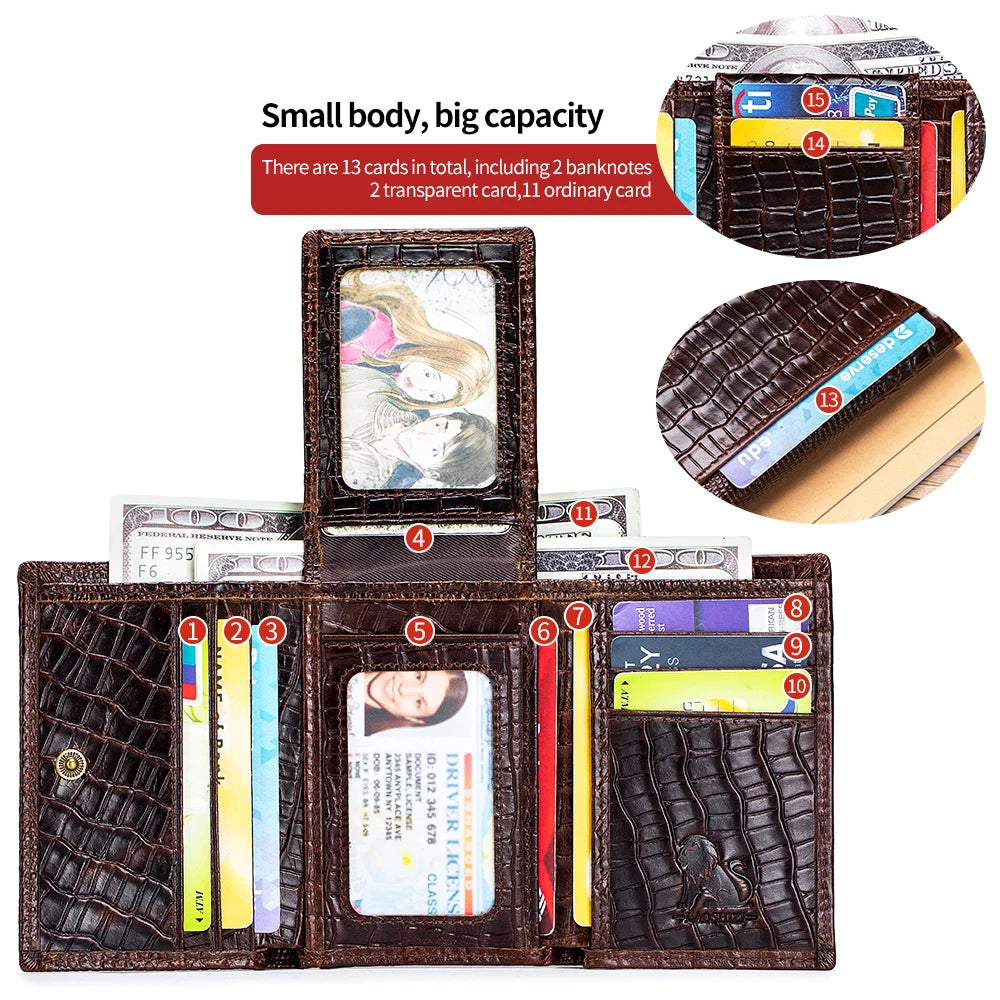 100%Leather men's wallet, leather short multi card bag, leather men's wallet, crocodile patterned wallet