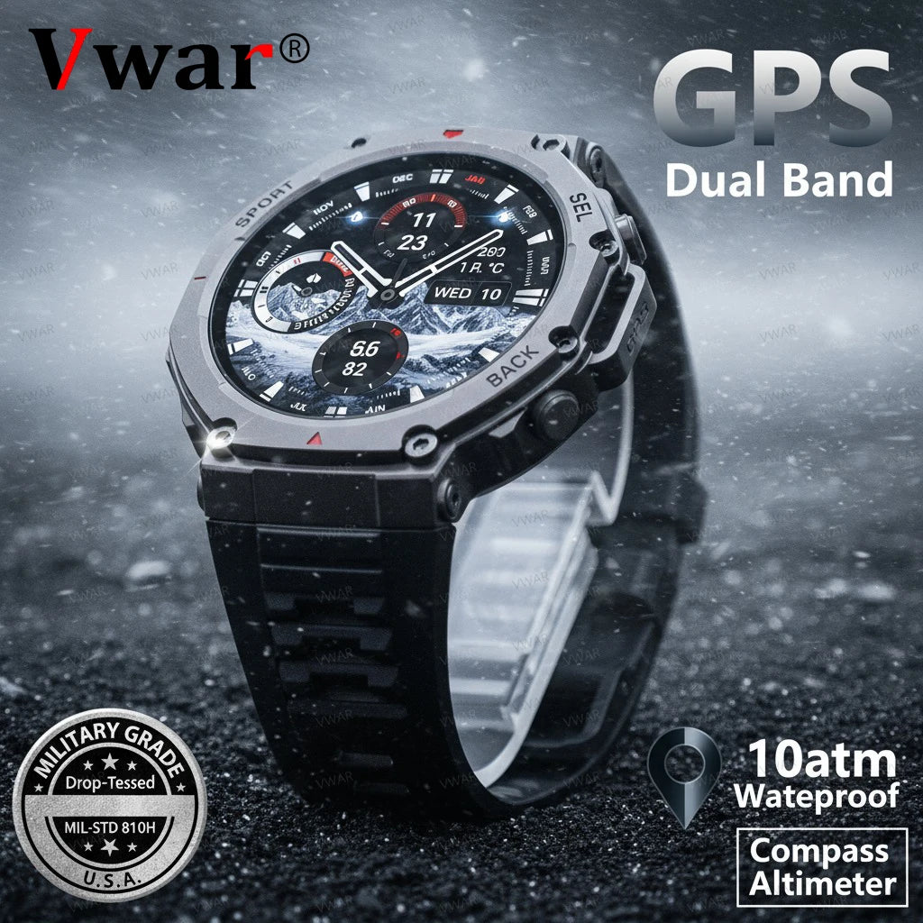 VWAR T-Rex 3 Pro Ultra Dual-Band GPS Military Smart Watch 48mm 10ATM Water-Resistant Compass Altimeter Smartwatch Men