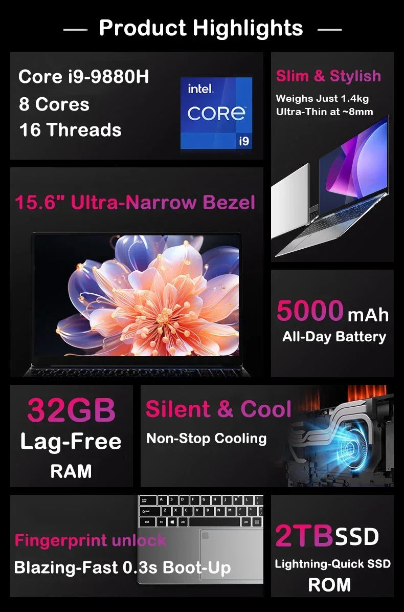 Durable Strong 15.6" Portable Laptop I9-9880H Windows11 32GB DDR4 2TB SSD Pc Gamer Office Computer