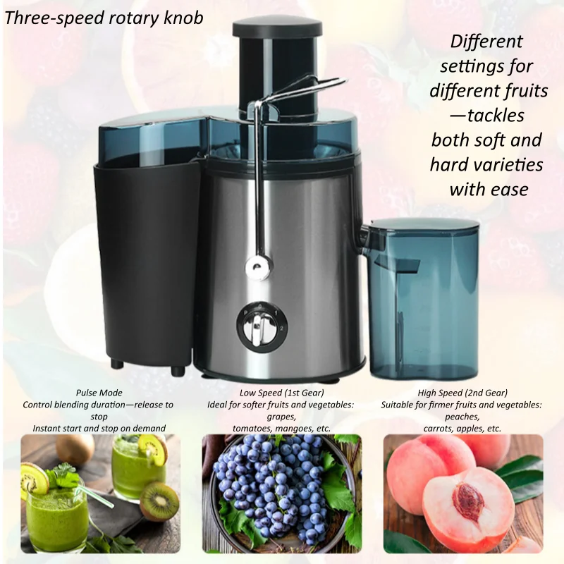 Stainless Steel Juicer Machine Fruit Vegetable Extractor 2 Speed Control Electric Juice Maker with 65mm Wide Feed Chute Easy Cleaning Detachable Parts for Home Kitchen Fresh Juice Orange Apple Carrot Celery