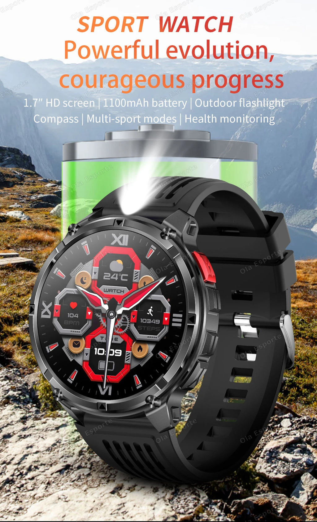 2026 Ultra 1100Mah Battery Military Smart Watch Men 1.7"AMOLED GPS Path 5ATM Waterproof Sports Compass LED Flashlight Smartwatch