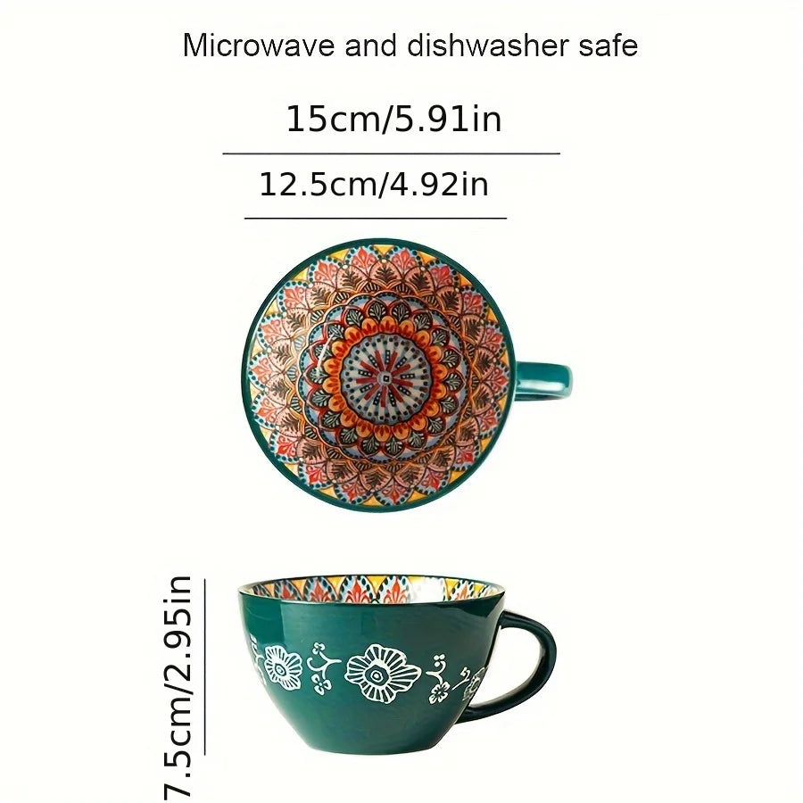 1pc 450ml/15oz Bohemian Ceramic Coffee Mug, Boho Style Underglaze Ceramic Breakfast Cup Multicolor Porcelain Cup for Matcha Latt