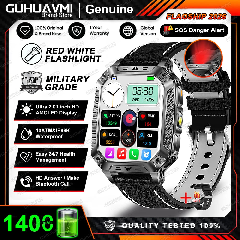 2026 New Military Grade 1400mAh Battery Smart Watch GPS Tracks 5ATMWaterproof Flashlight Heart Rate 2.1" Durable Smartwatch Men