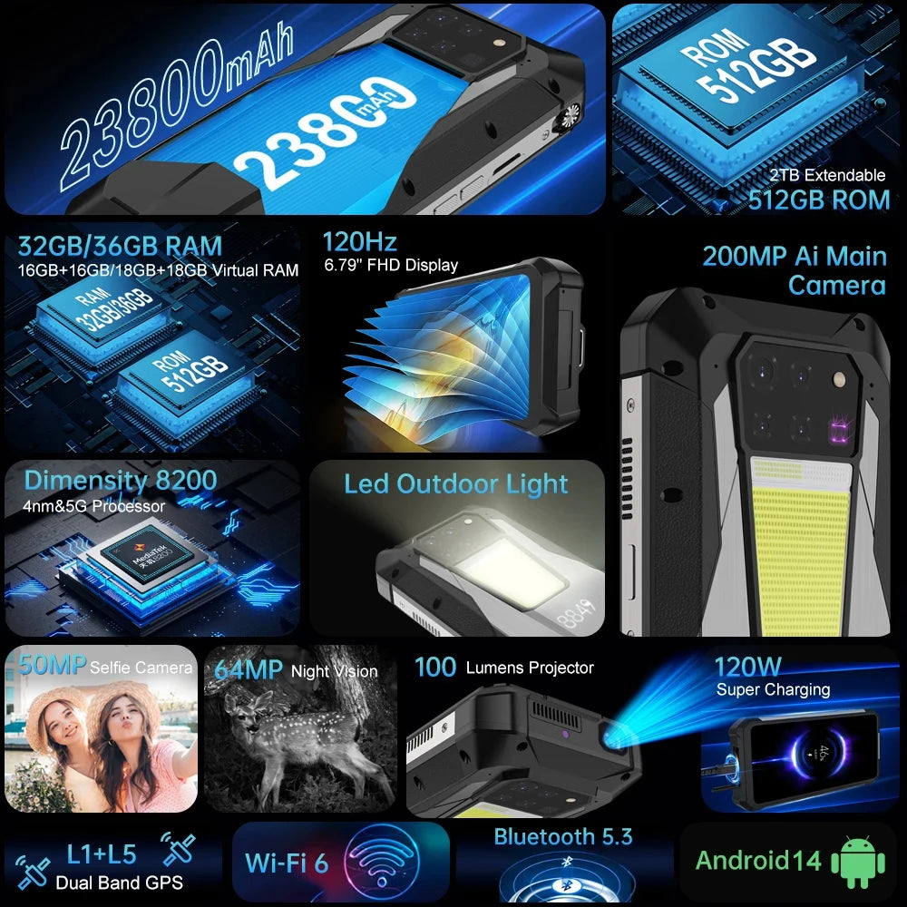 8849 Tank 3 Rugged 32GB 512GB 23800mAh Android14 120W Charger Dimensity 8200 5G 200MP 120Hz Outdoor Light  GPS Dual SIM