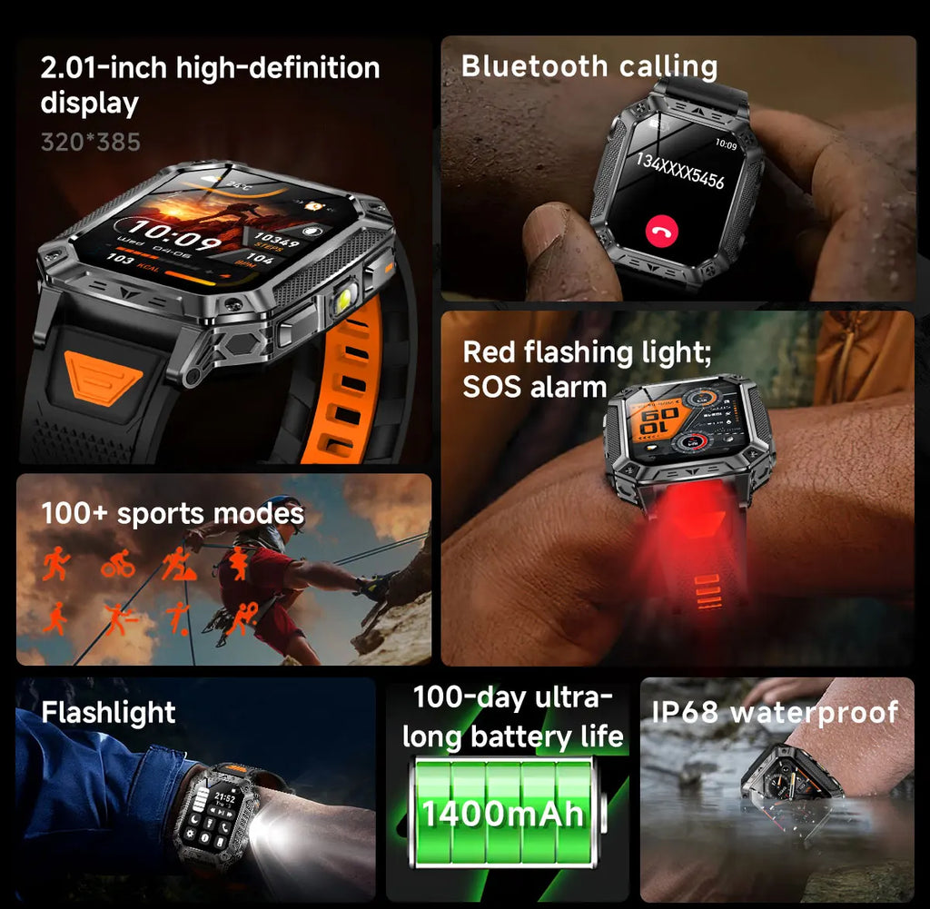 2026 New Military Grade 1400mAh Battery Smart Watch GPS Tracks 5ATMWaterproof Flashlight Heart Rate 2.1" Durable Smartwatch Men
