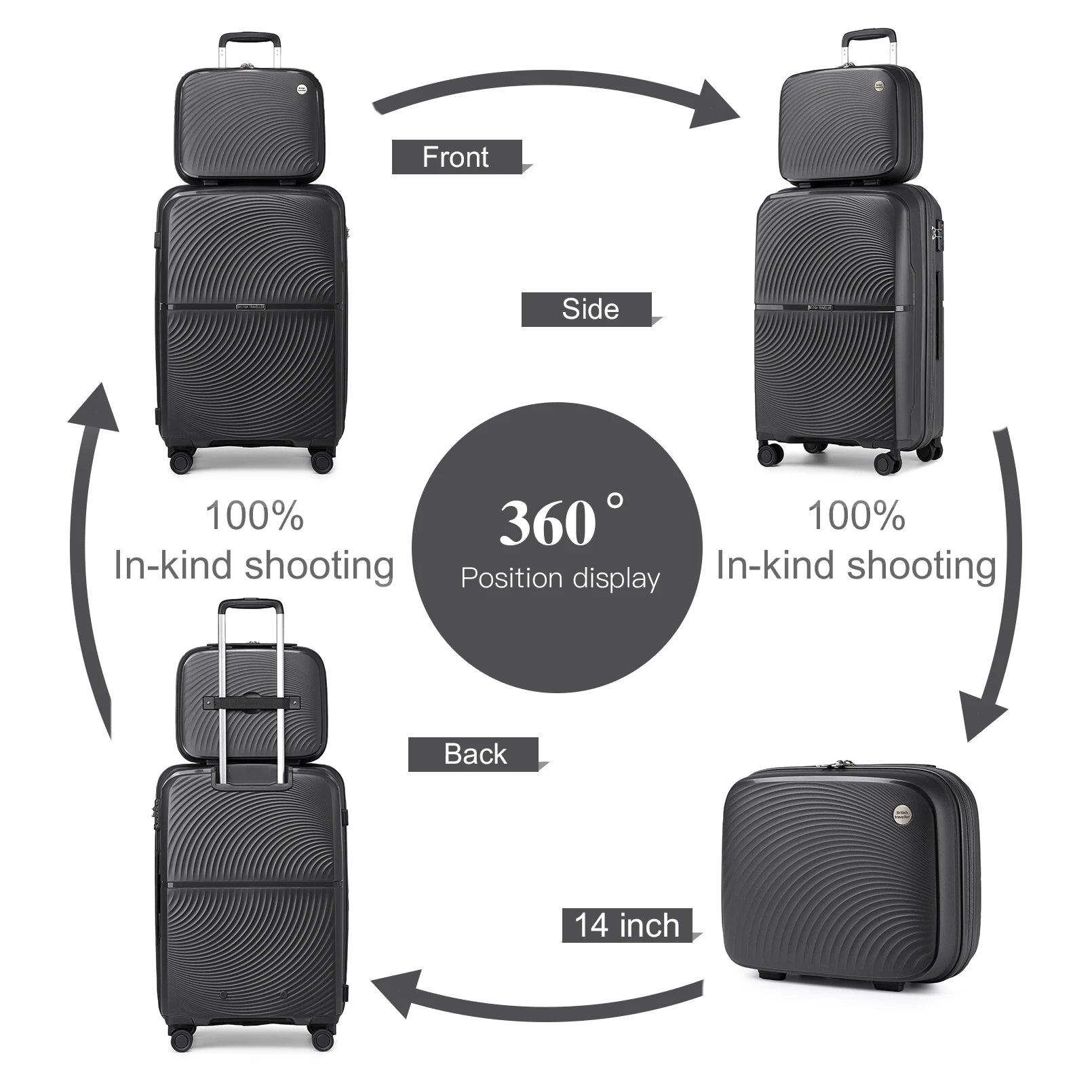 British Traveller 2 Piece Luggage Set 14+20 Inch, PP Hard Shell Suitcase with TSA Lock & Silent Spinner Wheels, Portable Carry-On Luggage for Business & Short Trips