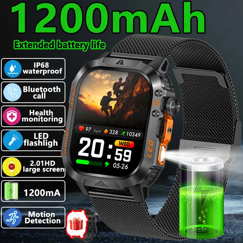 2026 New Outdoor Military Smart Watch 1200mAh Battery GPS HD Call Health Monitoring 2.01-inch Waterproof Sports Smartwatch Men
