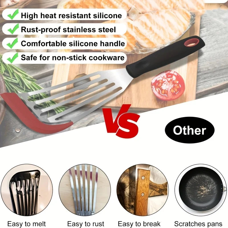 Stainless steel silicone spatula, high temperature resistant frying fish cooking spatula flipper kitchen household steak spatula