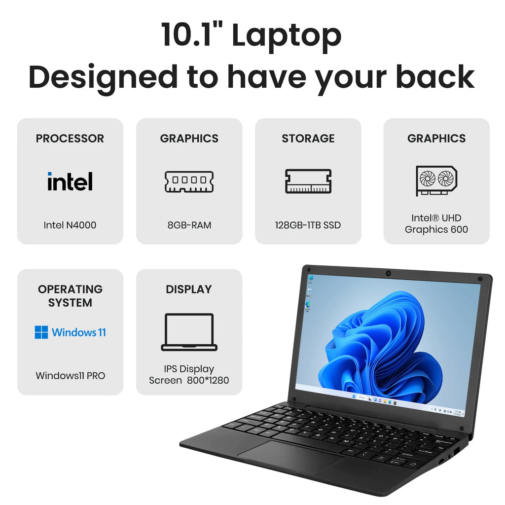 2025 Portable 10.1 Inch Mini Laptop Intel Celeron N4000 8GB RAM 128GB SSD Windows 11 Slim Lightweight Notebook for Student Offic