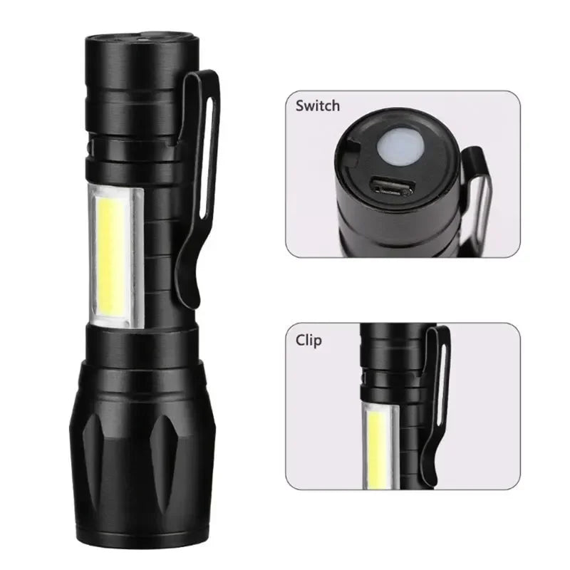 Mini LED Flashlight with Pen Clip Zoomable USB Rechargeable Portable Torch with Side Lights Outdoor Camping Emergency Lantern