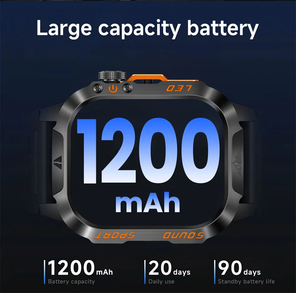 2026 New Outdoor Military Smart Watch 1200mAh Battery GPS HD Call Health Monitoring 2.01-inch Waterproof Sports Smartwatch Men