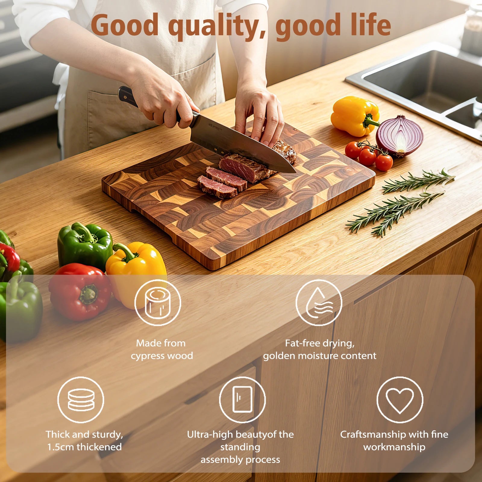 Acacia Wood End Grain Cutting Board, Reversible Kitchen Chopping Board, Multi-Purpose Serving & Prep Tray, Perfect for Kitchen and Dining Table, 1PK