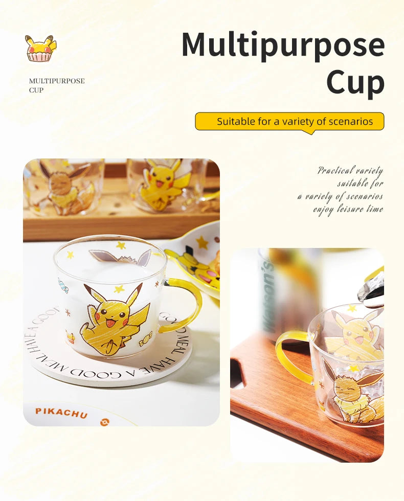 SHUNXIANG Pokémon Pikachu Glass Mugs Milk Cup Cute Drink Tableware Coffee Cup Kawaii  Transparent Water Cup with Handle Gift