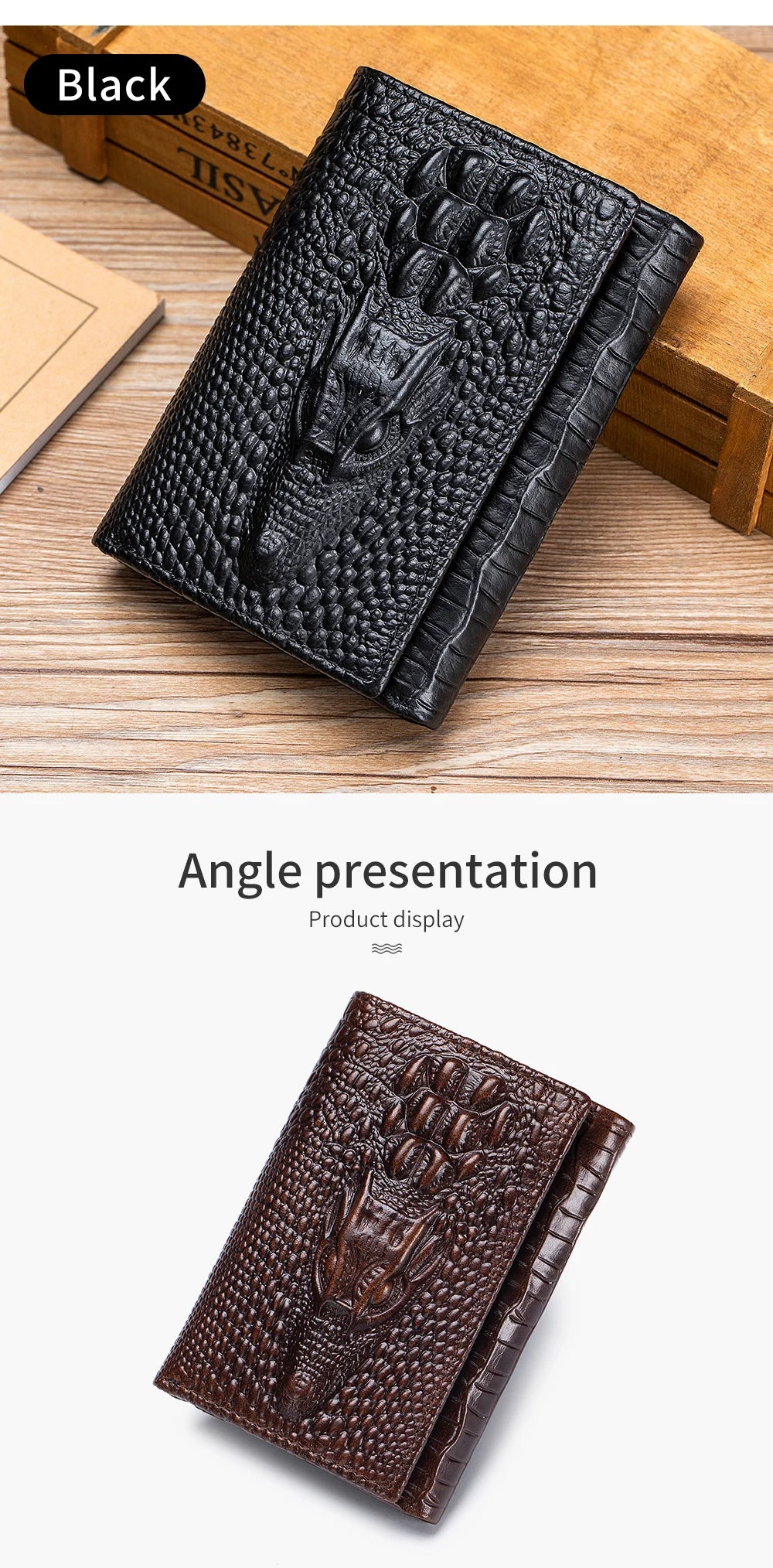 100%Leather men's wallet, leather short multi card bag, leather men's wallet, crocodile patterned wallet
