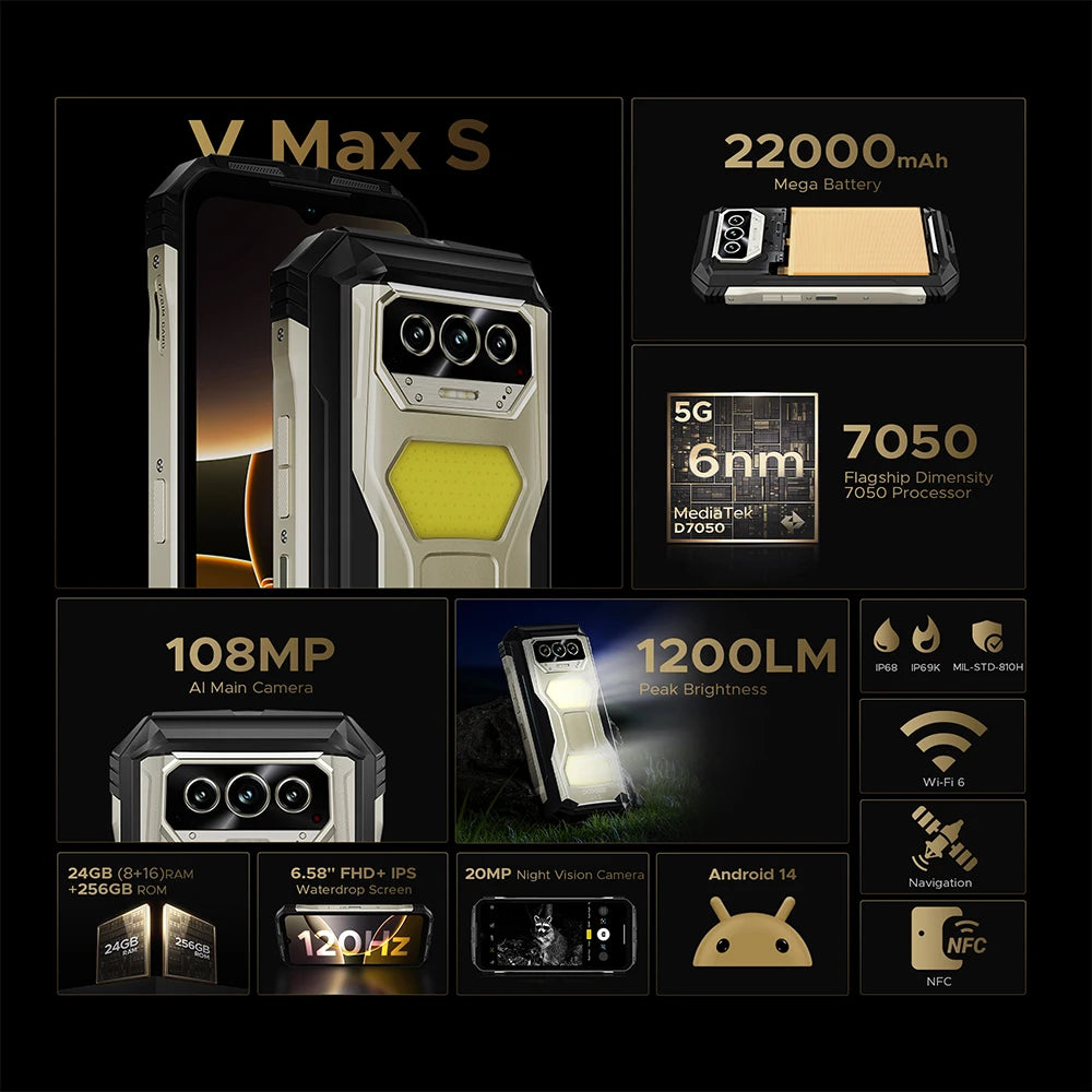 World Premiere DOOGEE V Max S 5G Rugged Phone Dual Camping Lights 22000mAh Battery 24GB(8+16) 256GB 108MP AI Camera Smartphone
