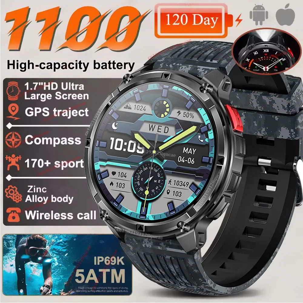 2026 New Military 1100mAh Big Battery Outdoor Smart Watch Men GPS Path Compass 10ATM Waterproof Calls AMOLED HD Sport Smartwatch