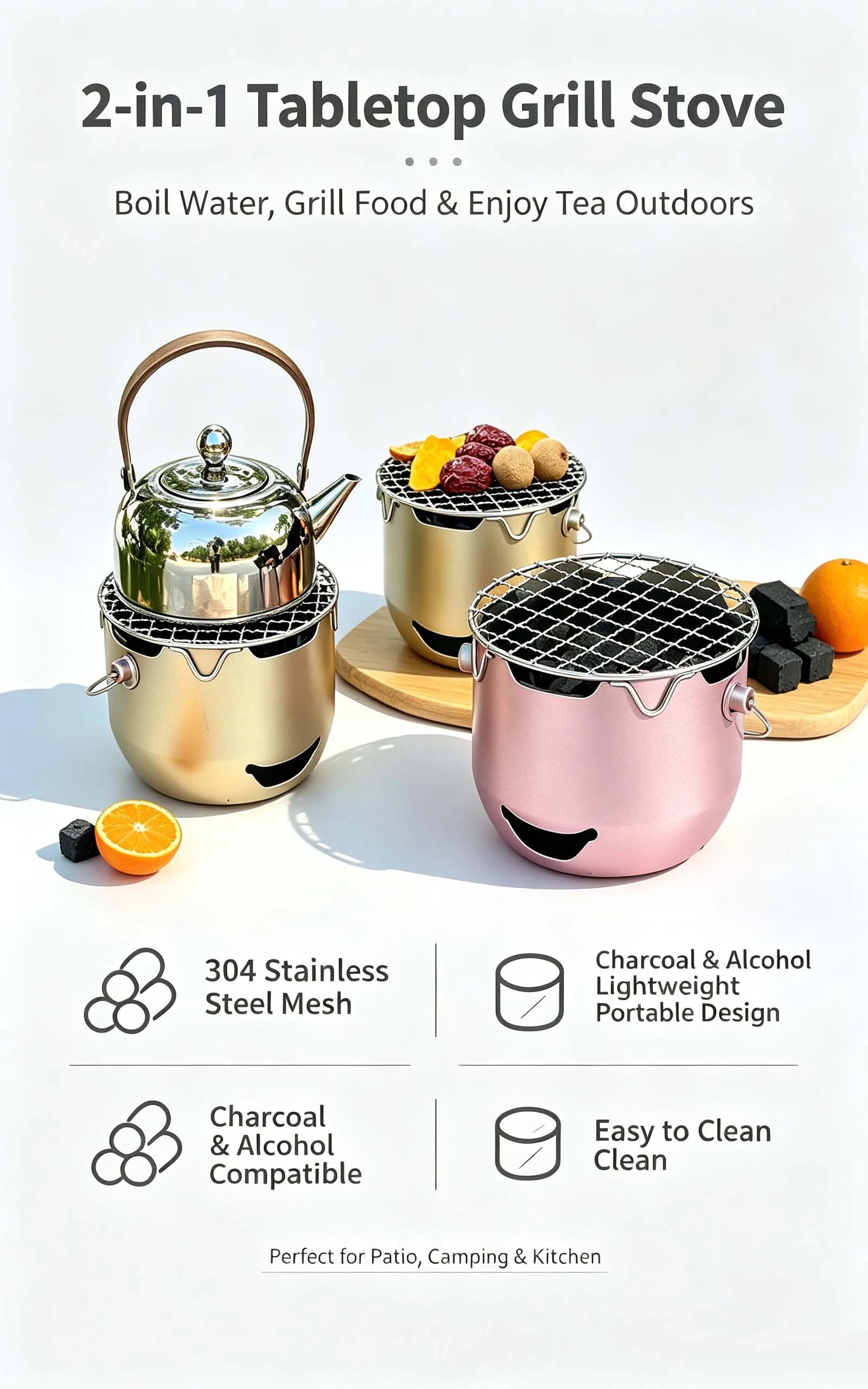 Portable Stainless Steel Charcoal Grill, Mini BBQ Stove, Outdoor & Household Barbecue Cooker for Camping Picnic