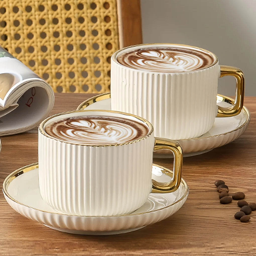 300ml Luxury Gold-Edged Ceramic Cup&saucer Set Latte Art Coffee Cup for Home Kitchen Afternoon Tea Set European Kitchenware Gift
