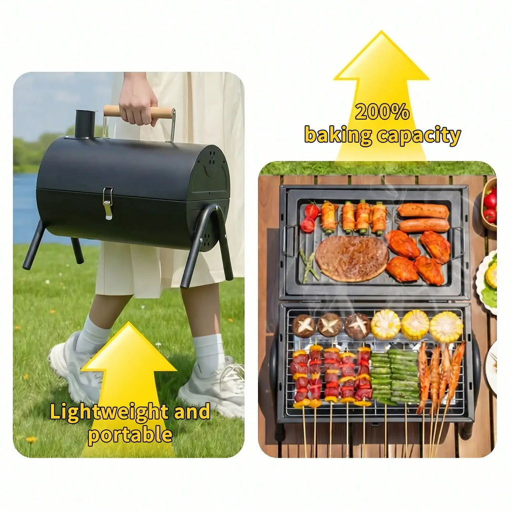 Portable Charcoal Grill - Compact Double Grill with Grill Plate for Camping, Picnics and Garden Use