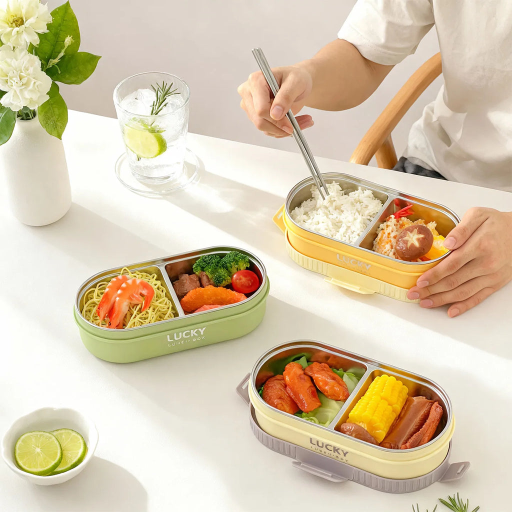 WORTHBUY 304 Stainless Steel Oval Insulated Lunch Box For Kids Student Portable Leak Proof Divided Food Container Microwave Safe