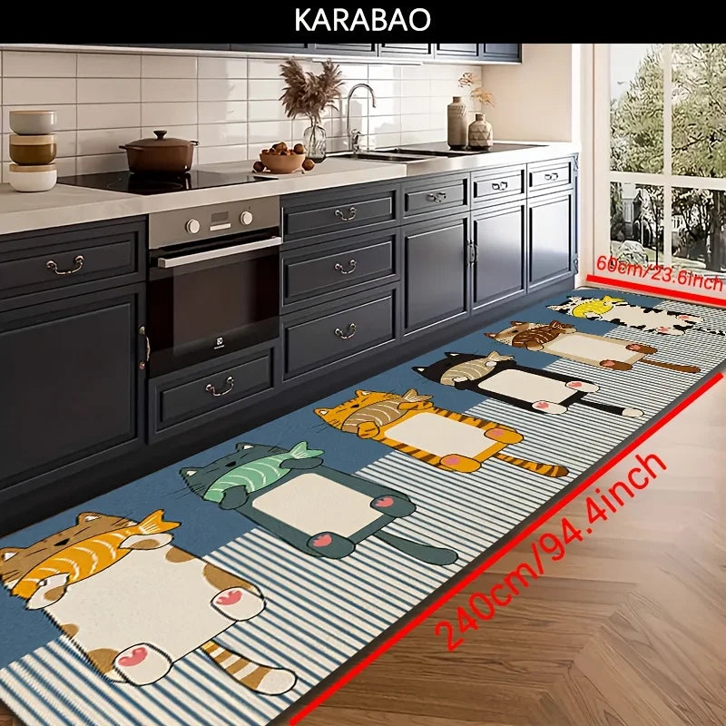 Cute Cartoon Cats & Fish Print Runner Rug, Non-Slip Washable Durable Mat for Kitchen, Laundry Room, Entryway & Kids Room