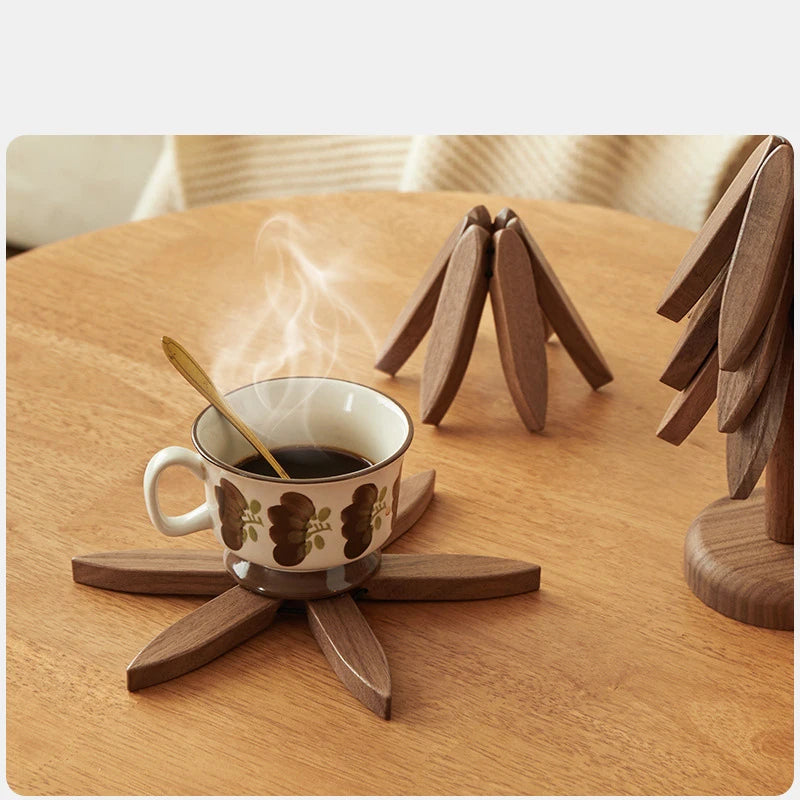Wooden Tree Trivet & Star Coaster Set, Foldable Heat Resistant Pot Holders, Walnut Wood Table Trivet for Hot Dishes, Pots, Cups