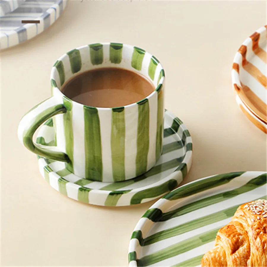 Minimalist striped hand drawn cup and plate set, ceramic milk coffee cup, 280ml/9.5oz afternoon tea coffee cup, household drinki