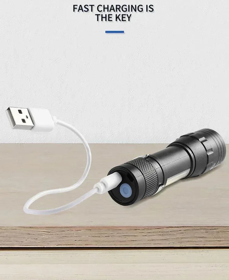 Mini LED Flashlight with Pen Clip Zoomable USB Rechargeable Portable Torch with Side Lights Outdoor Camping Emergency Lantern