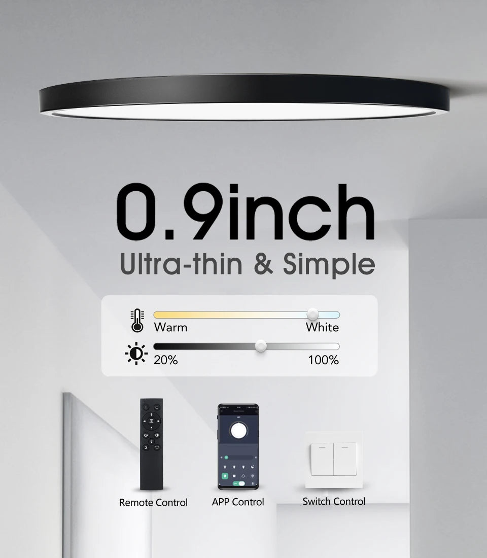 0.9 Inch Ultra-thin Smart LED Ceiling Light Pendant 24W 28W 38W 48W AC85V-265V Indoor Home Decorative Fixtures Remote Control