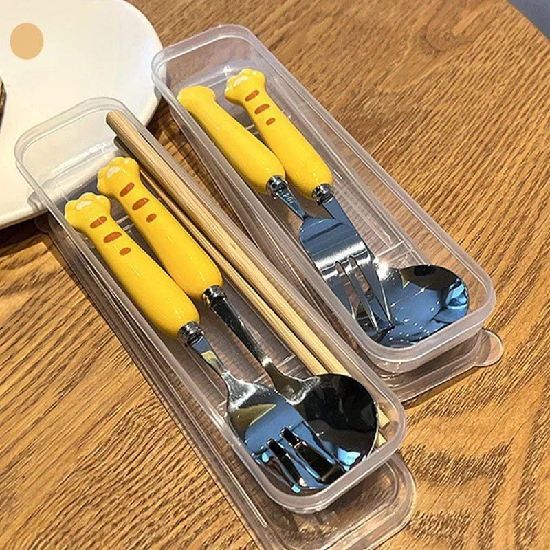 Children Cartoon Animals Cutlery Stainless Steel Spoon Fork Set Portable Outdoor Lunch Tableware with Box Kitchen Accessories
