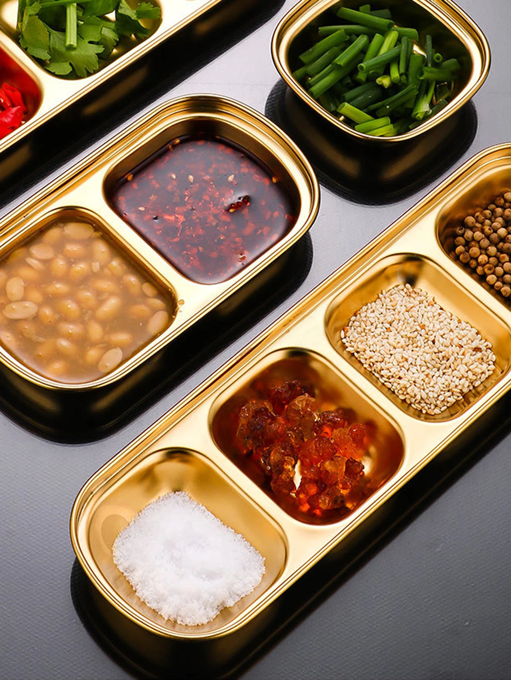 1/4 Pcs Stainless Steel Divided Seasoning Sauce Dip Bowl, 1/2/3/4 Compartment Korean Ketchup Sauce Bowl, Vinegar Soy Spice Condiment Tray for Home Restaurant