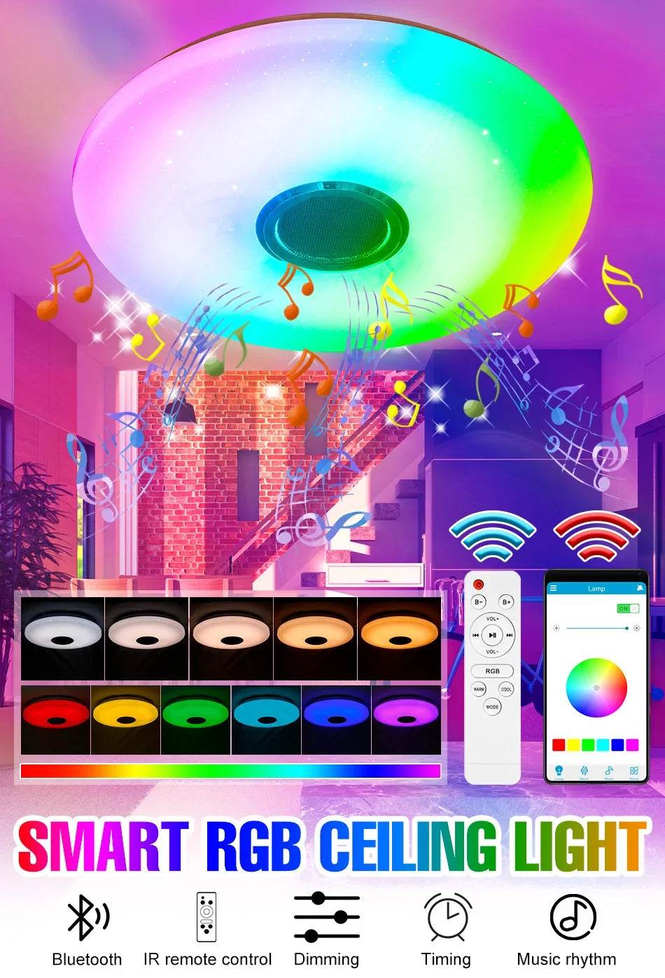 100W RGB LED Smart Ceiling Light AC100-240V Bluetooth Connection APP Remote Control Dimmable Chandelier With Speakers Music Lamp