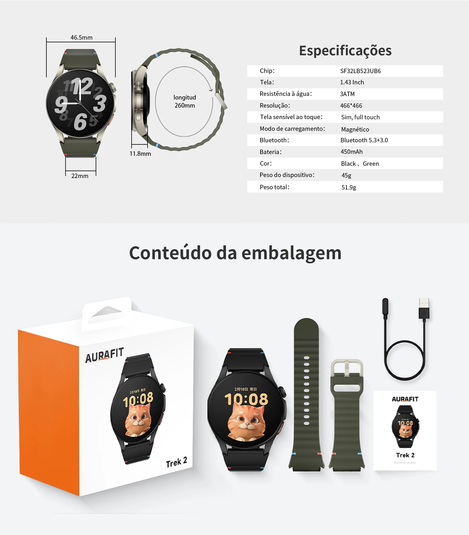 AURAFIT Trek2: Reloj intelligent con AMOLED y Gran battery of 450mAH. Mide heart rate, hace llamades, GPS y es impermeable.